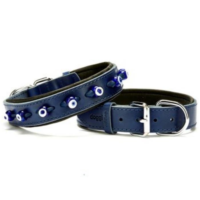Doggie Konforlu Gerçek Deriden El Yapımı Nazar Boncuklu Köpek Boyun Tasması 3x42-50cm - Royal Blue
