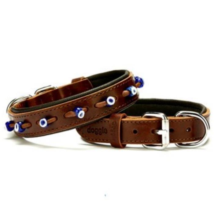 Doggie Konforlu Gerçek Deriden El Yapımı Nazar Boncuklu Köpek Boyun Tasması 2,5x37-45cm - Brown