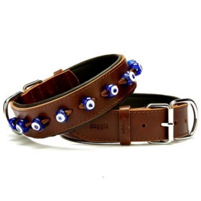 Doggie Konforlu Gerçek Deriden El Yapımı Nazar Boncuklu Köpek Boyun Tasması 4x47-55cm - Brown