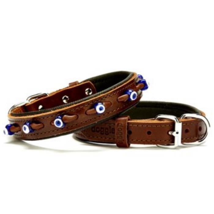 Doggie Konforlu Gerçek Deriden El Yapımı Nazar Boncuklu Köpek Boyun Tasması 2x30-35cm - Brown