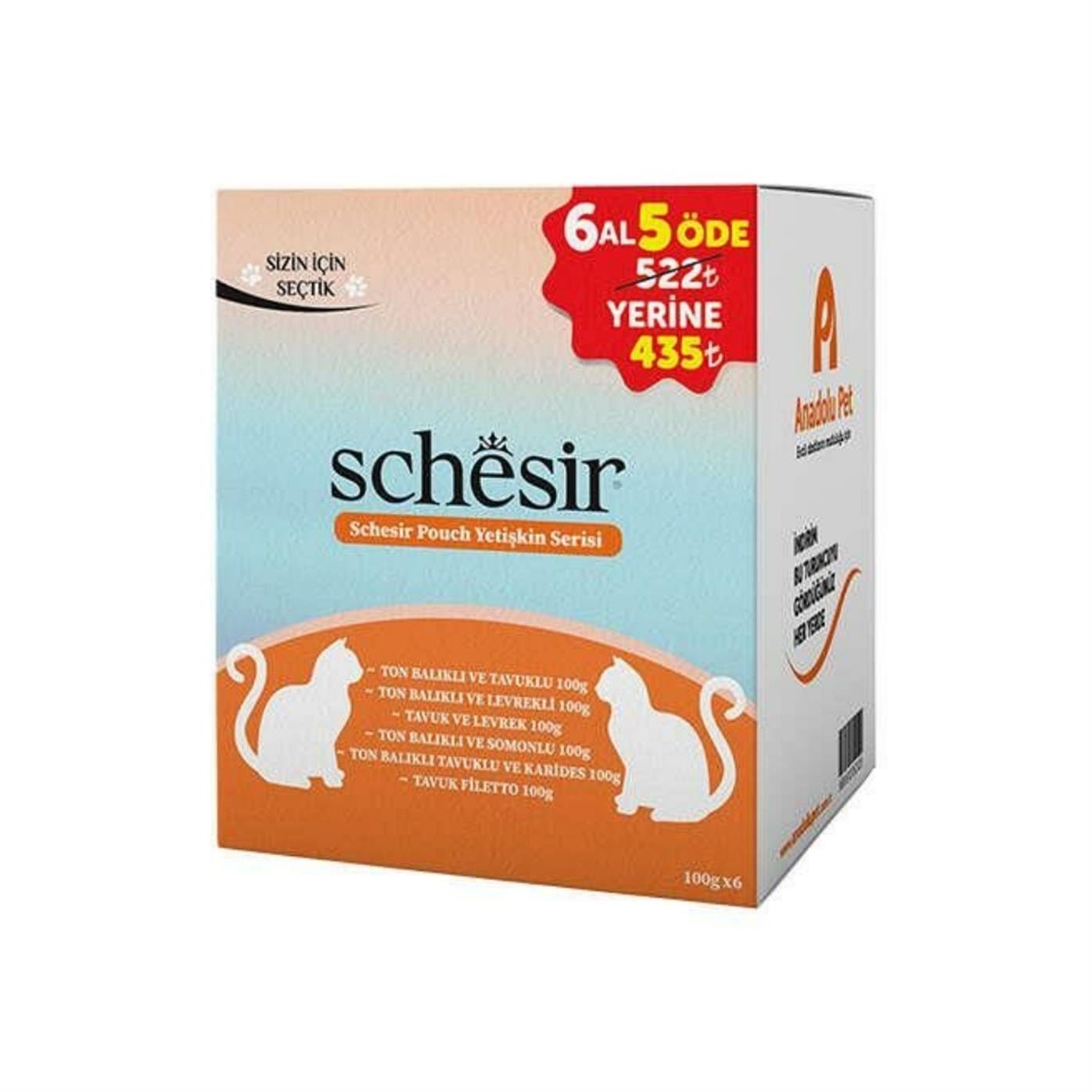 Schesir Deniz Mahsulleri Serisi Yetişkin Kedi Konservesi 100gr 5+1
