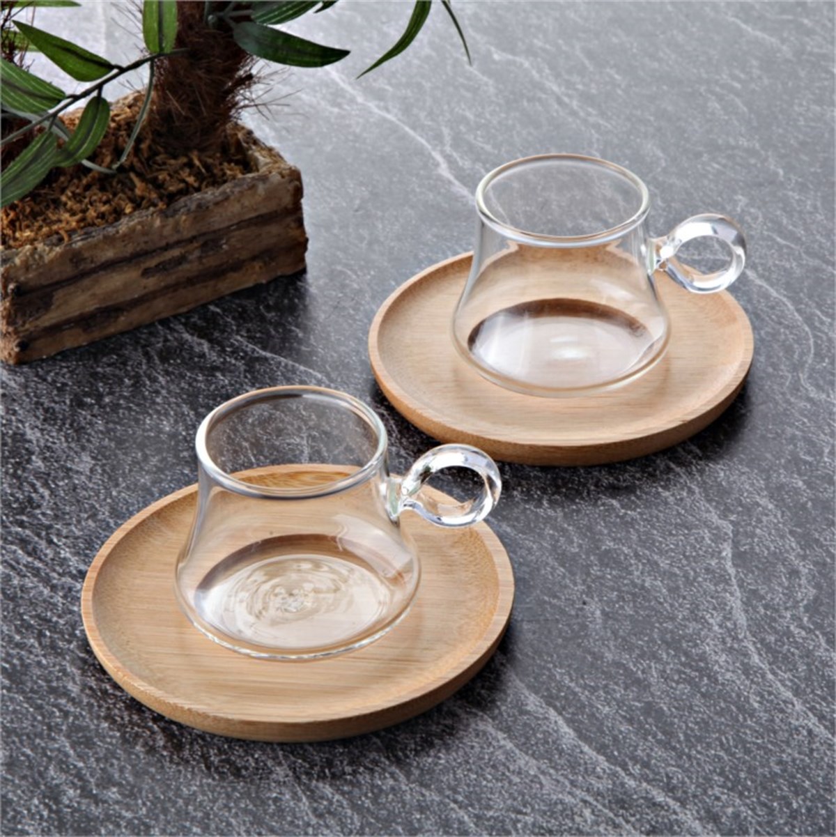 Bambu Tabaklı Cam 2 li Kahve Fincan Takımı - Çılgın Trend Ürünleri