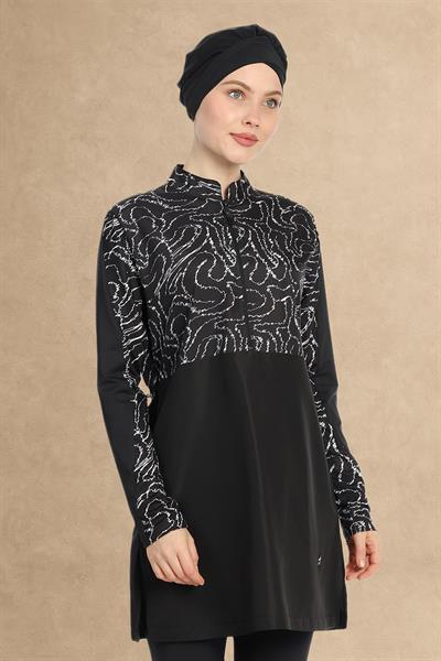 4 Parçalı Fermuarlı Desenli Siyah Tesettür Mayo 6203A