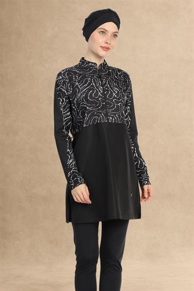 4 Parçalı Fermuarlı Desenli Siyah Tesettür Mayo 6203A