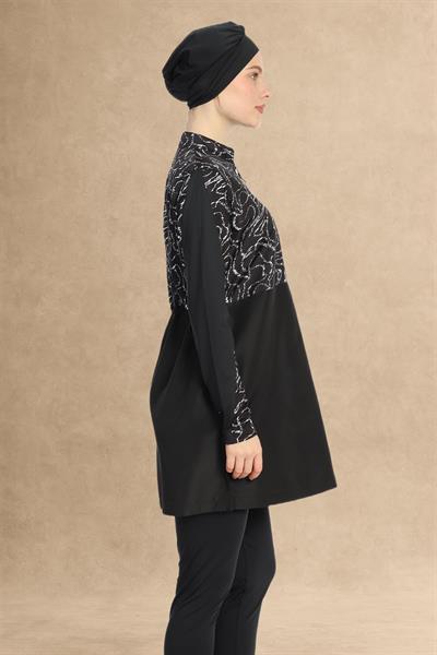 4 Parçalı Fermuarlı Desenli Siyah Tesettür Mayo 6203A