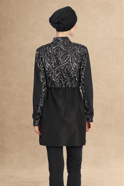 4 Parçalı Fermuarlı Desenli Siyah Tesettür Mayo 6203A