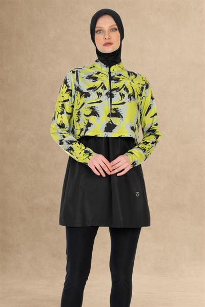 4 Parçalı Soyut Desen Siyah Tesettür Mayo