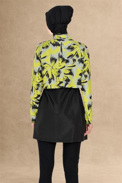 4 Parçalı Soyut Desen Siyah Tesettür Mayo