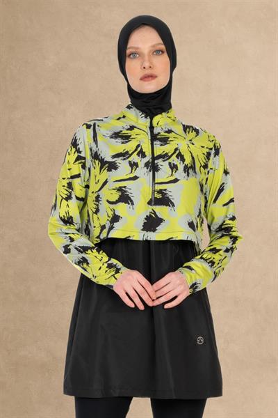 4 Parçalı Soyut Desen Siyah Tesettür Mayo