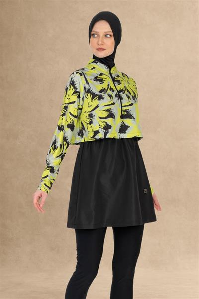 4 Parçalı Soyut Desen Siyah Tesettür Mayo