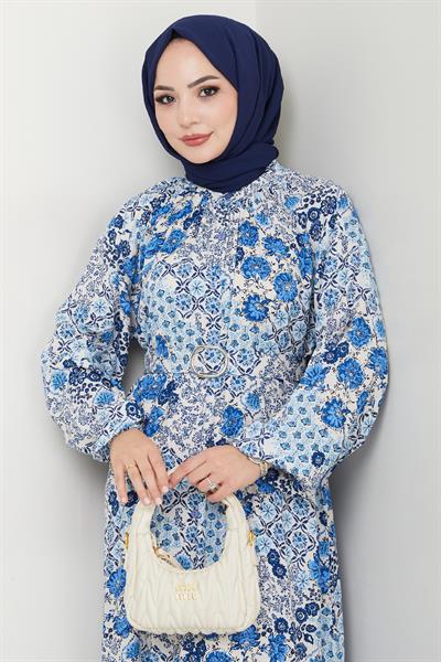 Açelya Çiçeği Mavi Viskon Elbise