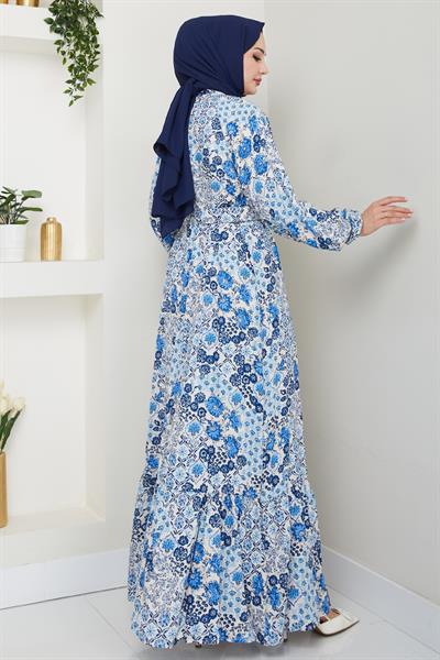 Açelya Çiçeği Mavi Viskon Elbise