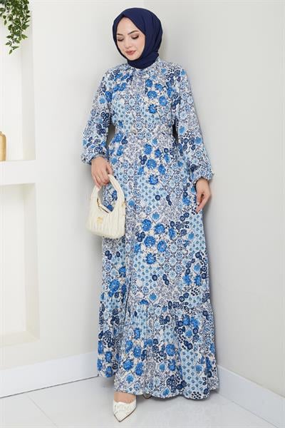 Açelya Çiçeği Mavi Viskon Elbise