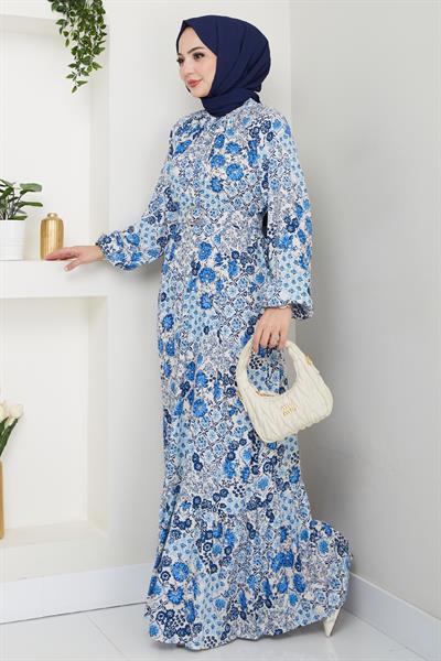 Açelya Çiçeği Mavi Viskon Elbise