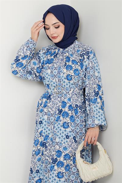 Açelya Çiçeği Mavi Viskon Elbise