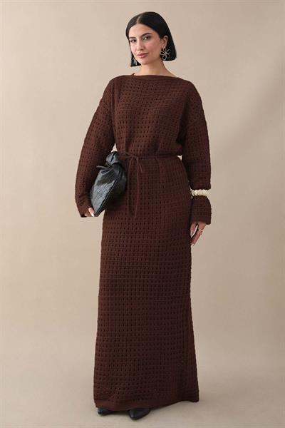 Ajurlu Acı Kahve Triko Elbise