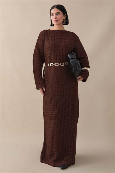 Ajurlu Acı Kahve Triko Elbise
