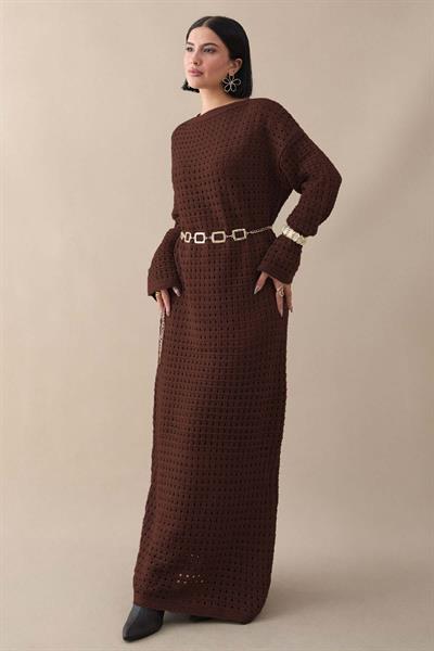 Ajurlu Acı Kahve Triko Elbise