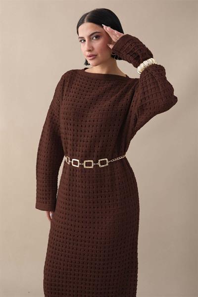 Ajurlu Acı Kahve Triko Elbise