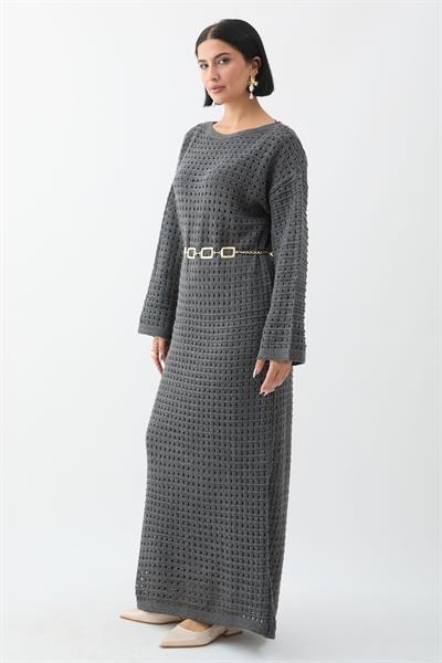 Ajurlu Antrasit Triko Elbise
