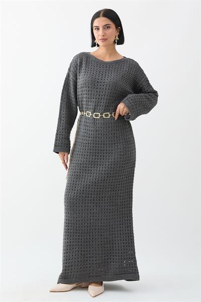 Ajurlu Antrasit Triko Elbise