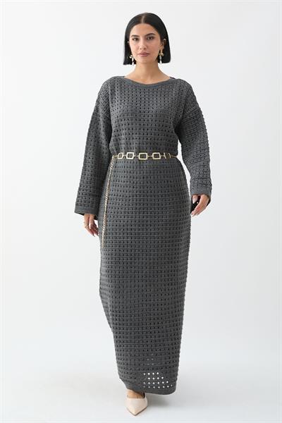 Ajurlu Antrasit Triko Elbise