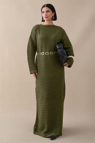 Ajurlu Haki Triko Elbise