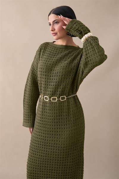 Ajurlu Haki Triko Elbise