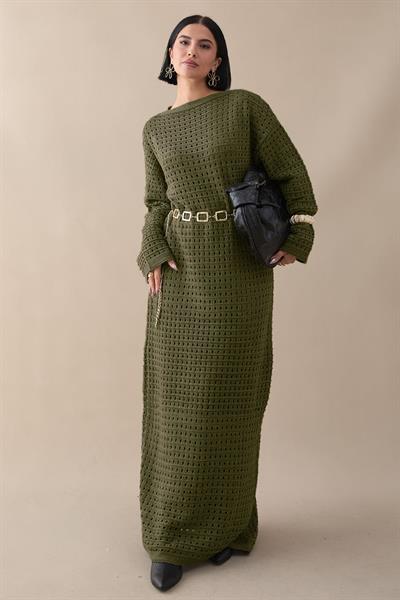 Ajurlu Haki Triko Elbise