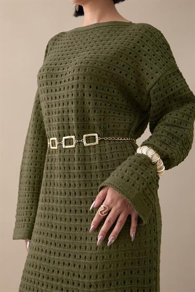 Ajurlu Haki Triko Elbise