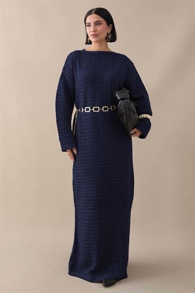 Ajurlu Lacivert Triko Elbise