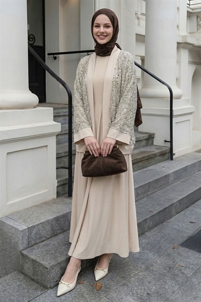 Ajurlu Pul Payetli Ceketli Bej Elbise