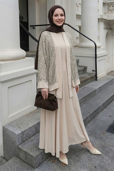 Ajurlu Pul Payetli Ceketli Bej Elbise