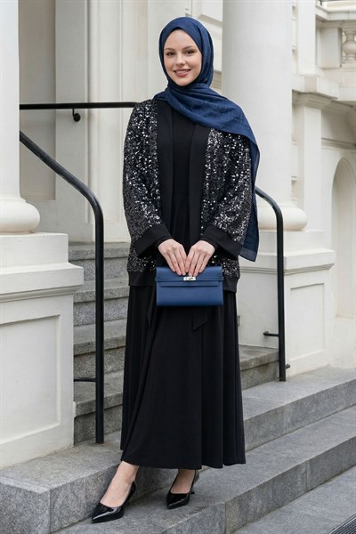 Ajurlu Pul Payetli Ceketli Siyah Elbise