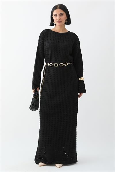 Ajurlu Siyah Triko Elbise