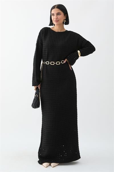 Ajurlu Siyah Triko Elbise