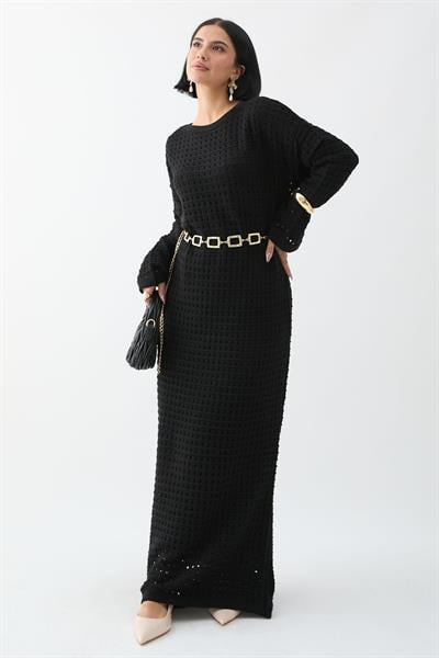 Ajurlu Siyah Triko Elbise