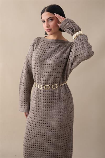 Ajurlu Sütlü Kahve Triko Elbise