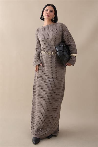 Ajurlu Sütlü Kahve Triko Elbise