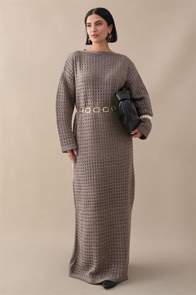 Ajurlu Sütlü Kahve Triko Elbise