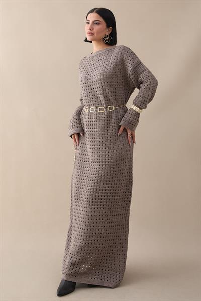 Ajurlu Sütlü Kahve Triko Elbise