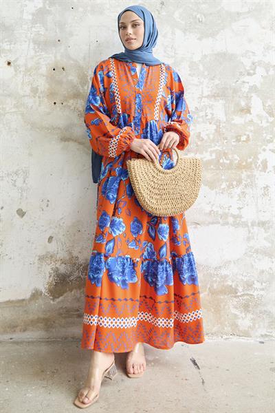 Akasya Çiçek Oranj Viskon Elbise