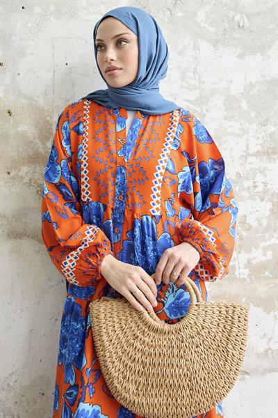 Akasya Çiçek Oranj Viskon Elbise