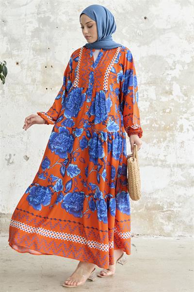 Akasya Çiçek Oranj Viskon Elbise