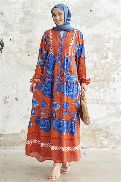 Akasya Çiçek Oranj Viskon Elbise