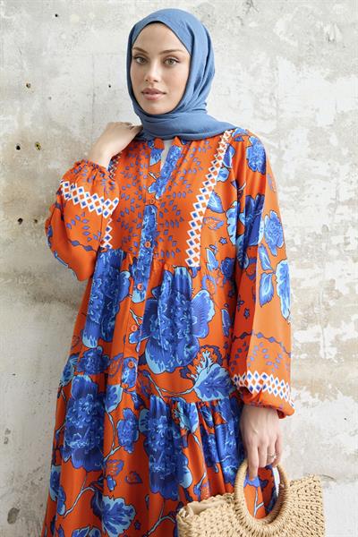 Akasya Çiçek Oranj Viskon Elbise