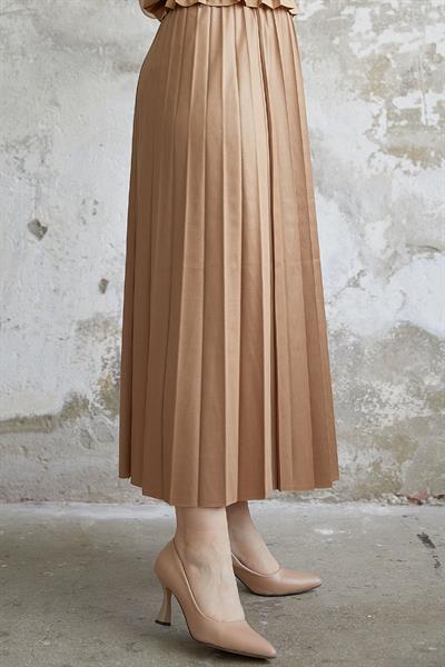 Alfea Deri Görünümlü Etek - Koyu Bej
