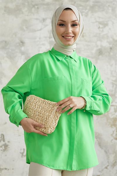 Alise Çift Cep Detaylı Neon Yeşil Gömlek
