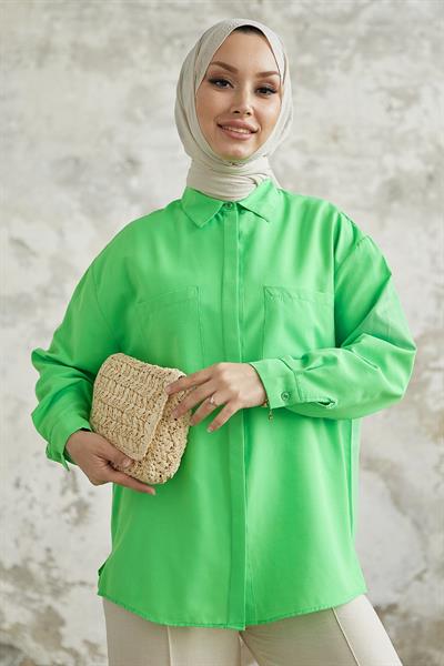 Alise Çift Cep Detaylı Neon Yeşil Gömlek