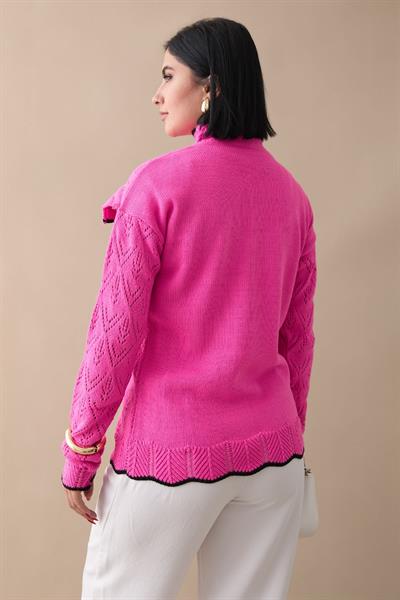 Alvi Fırfır Detay Şeritli Triko Kazak - Fuşya